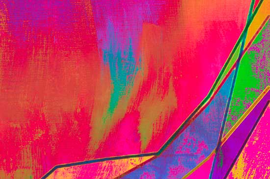 An abstract art piece with strong red and pink tones, with smaller areas of purple, green and blue.