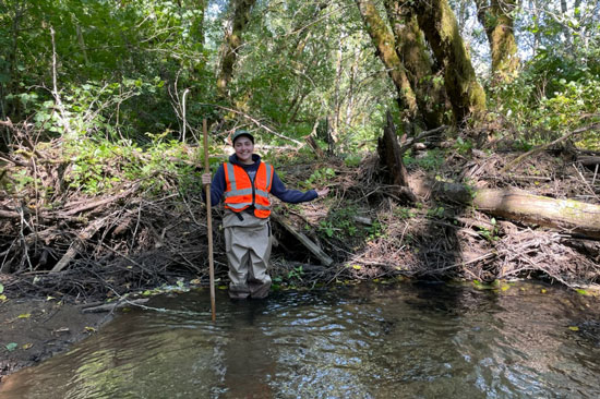 A restoration worker in an orange vest stands with their feet in a stream, a riverbank rising behind them
