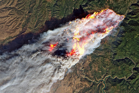 An aerial view of a wildfire with a huge plume of smoke travels across a forested landscape