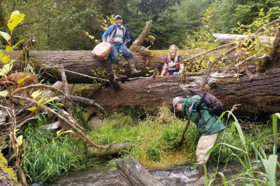A crew of three restoration workers pose on some downed trees in a very forested area