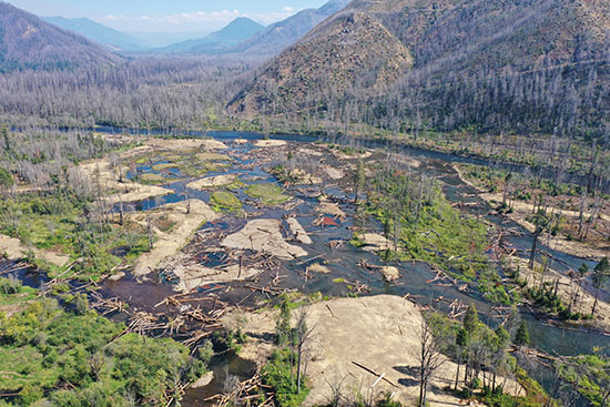 Image of a braided river after a fire