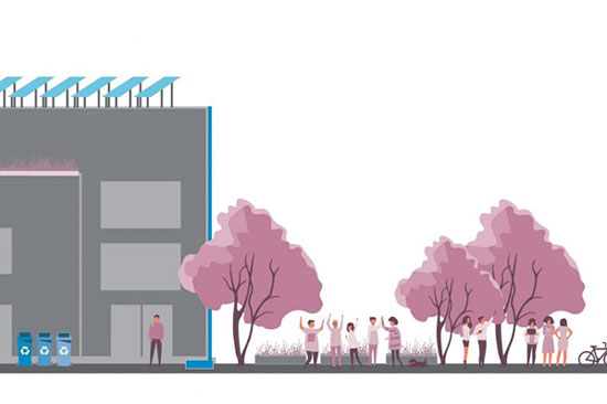 A graphic shows a building with solar panels and pink trees outside where people are gathered